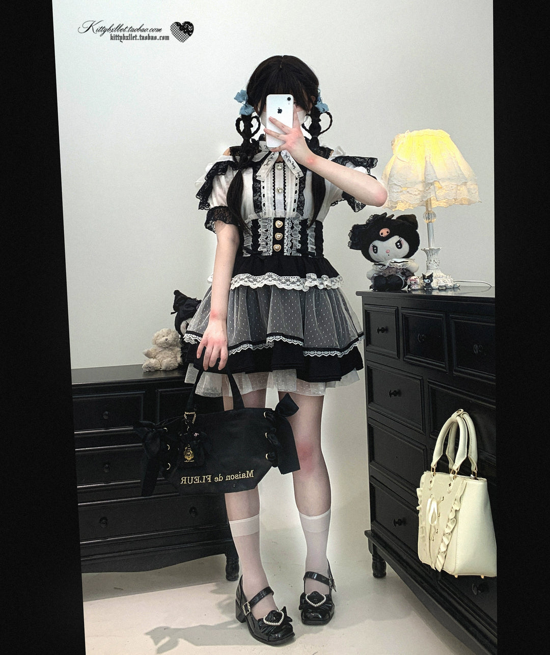Lace Open Shoulder Jirai Kei Blouse, Heart Rhinestone 43692:783150