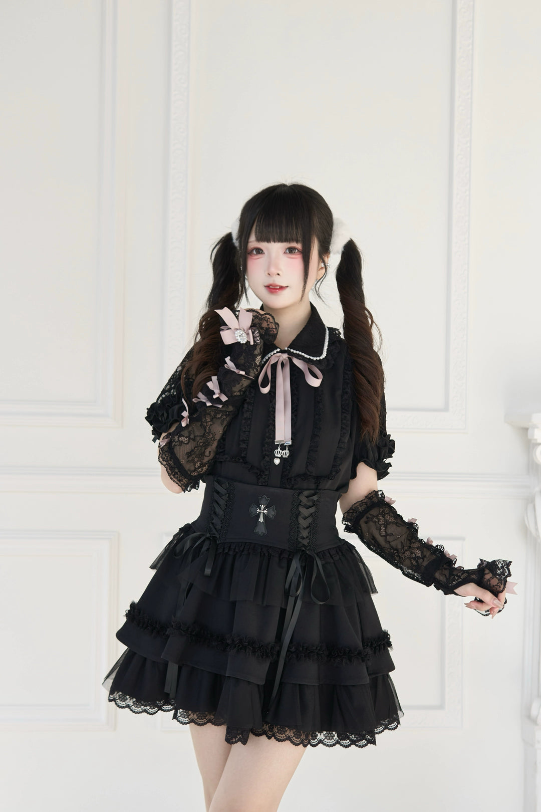 Jirai Kei Lace Arm Sleeves, Ribbon Bows, Rhinestones, Pearl Accents 43316:773895