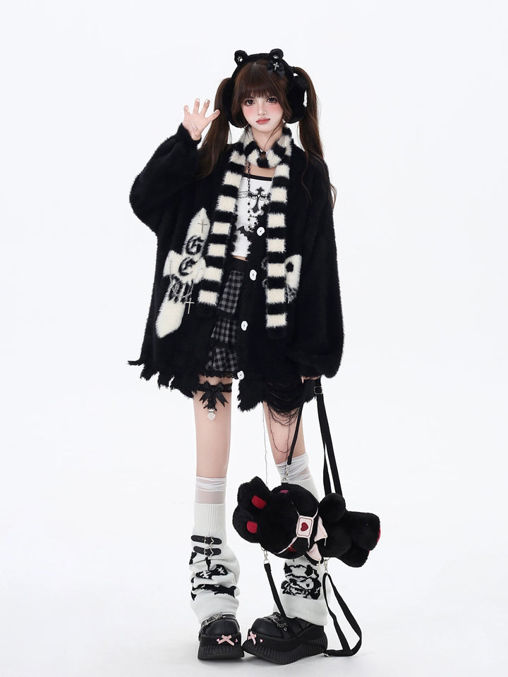 Jirai Kei Sweater Irregular Hem Cardigan With Striped Scarf (L M S) 40922:680410
