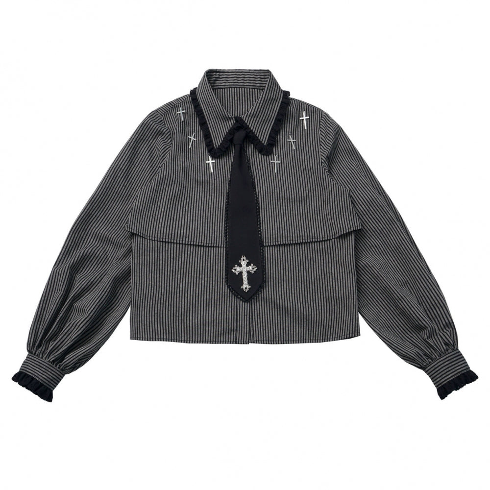 Gothic Striped Blouse, Black Skirt Set (L M S) 44172:800235