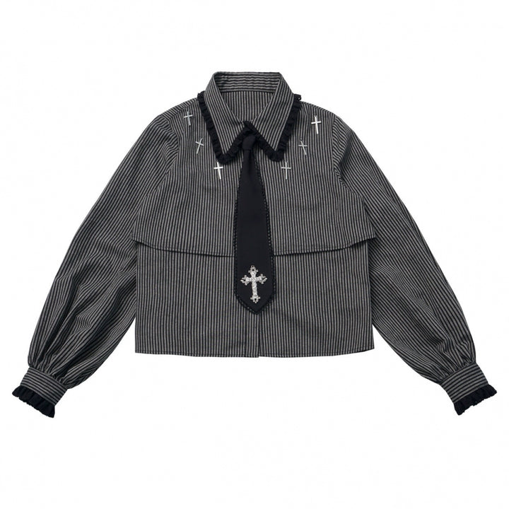 Gothic Striped Blouse, Black Skirt Set (L M S) 44172:800235