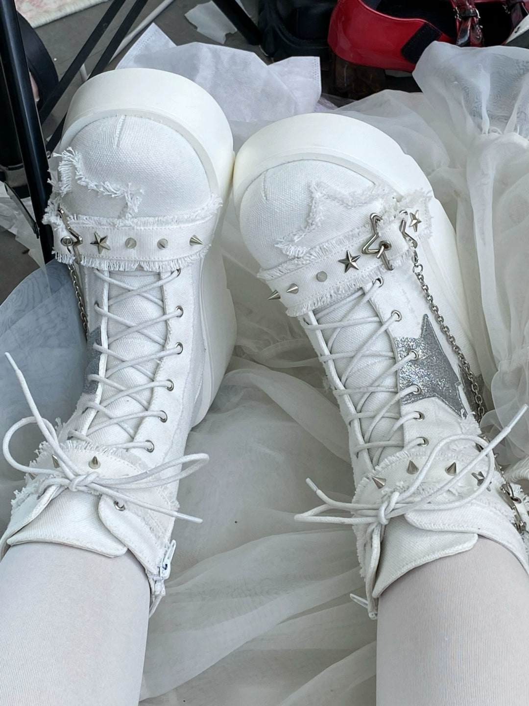 Y2K Platform Shoes Gyaru Fashion Boots Canvas Combat Boots 35060:487948