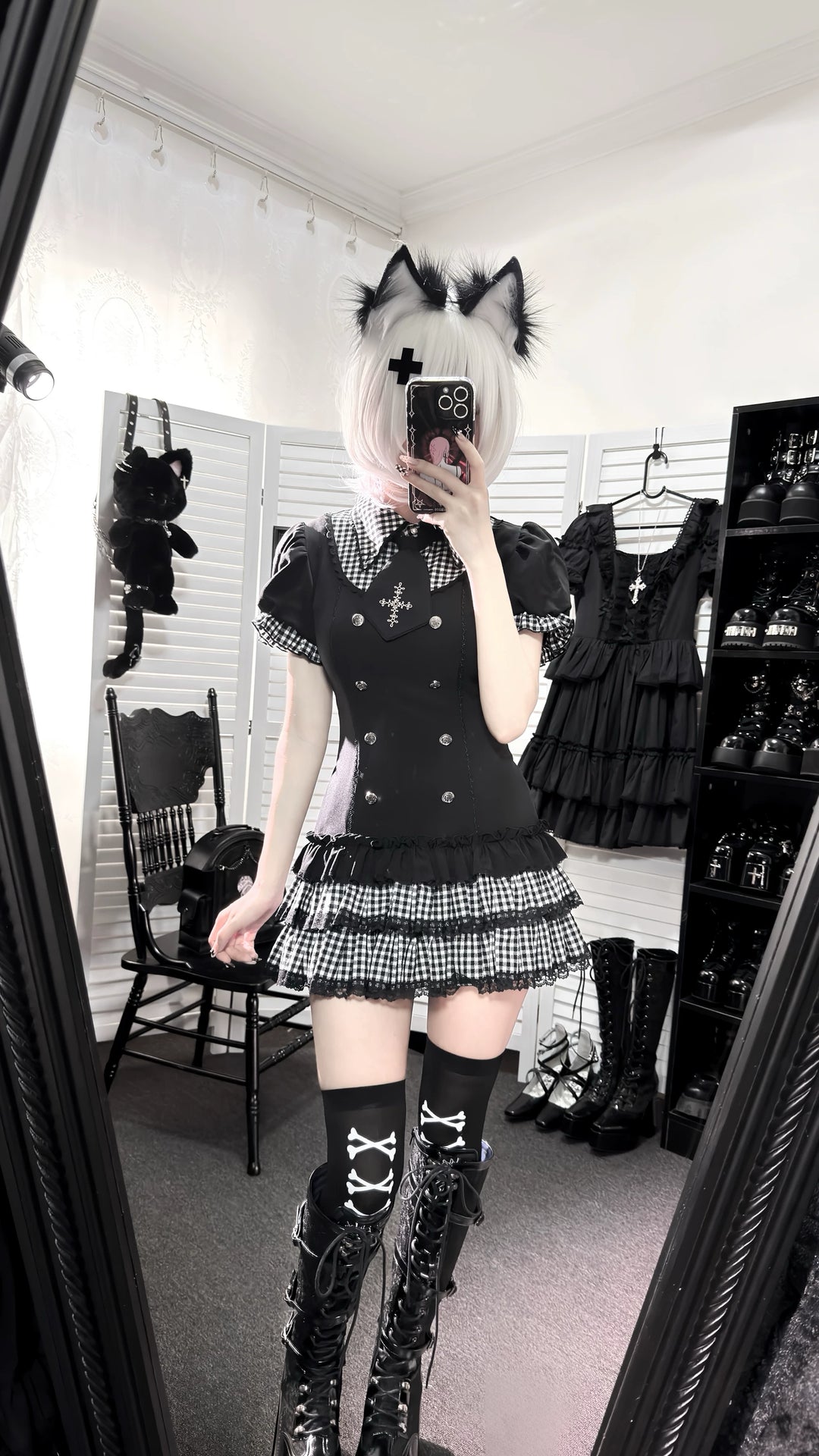 Low-Waist Jirai Kei Dress Set, Cross Embroidery 44780:826714