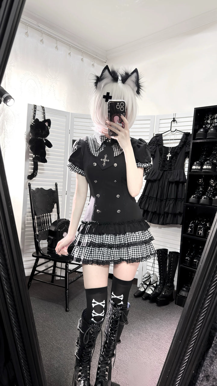 Low-Waist Jirai Kei Dress Set, Cross Embroidery 44780:826714