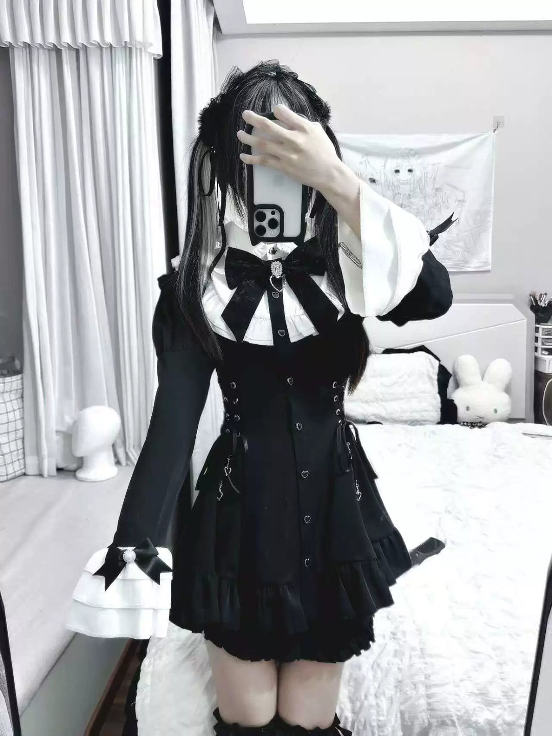 Black and White Jirai Kei Dress, Pocketed Shorts (2XL L M S XL) 44512:810995