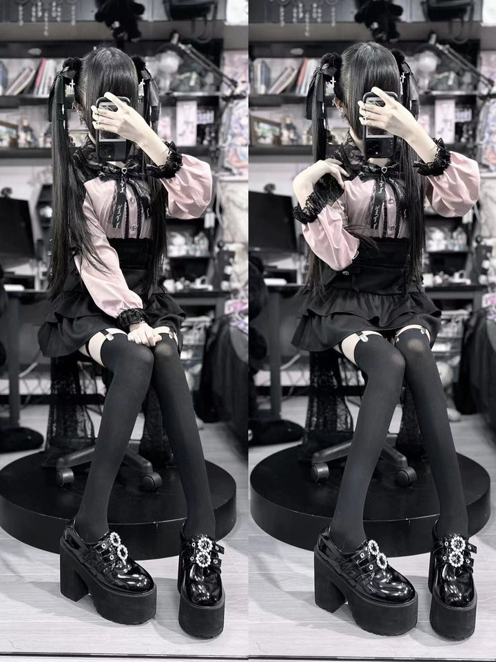 Jirai Kei Skirt Set Lace Collar Blouse A-line Skirt Set 39534:628780