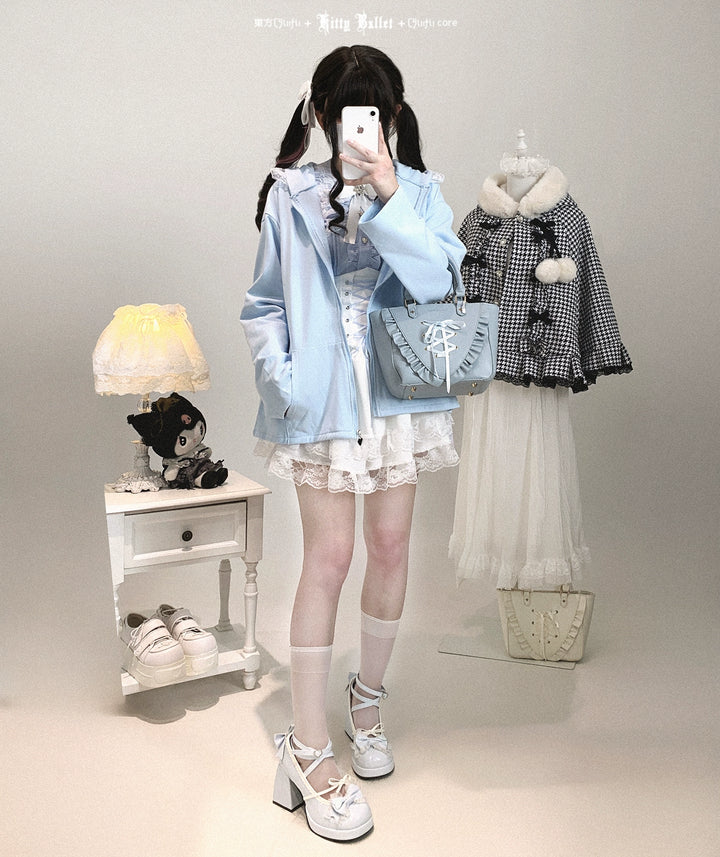 Kawaii Zipper Closure Jacket, Lace Bunny Ear 44002:792520