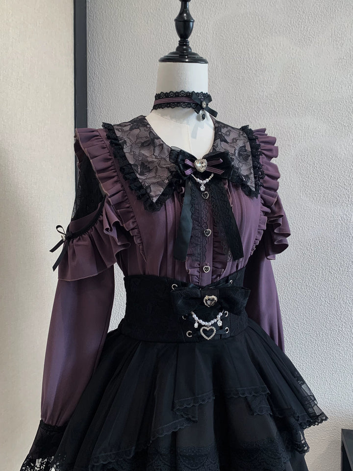 Jirai Kei Long Sleeve Blouse, Lace Open-Shoulder 44588:815024