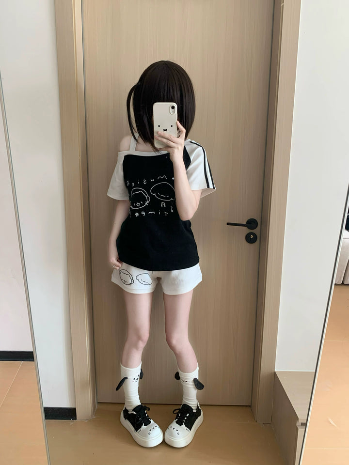 Kawaii Summer Music Time Printed T-shirt, Shorts With Pockets 42904:757280