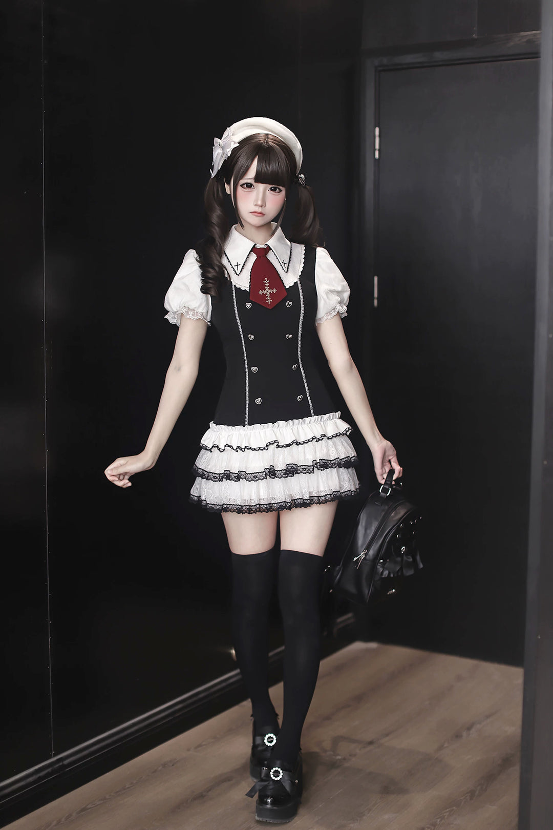 Preppy Style Low-Waist Dress Set, Cross Embroidery 44746:823812