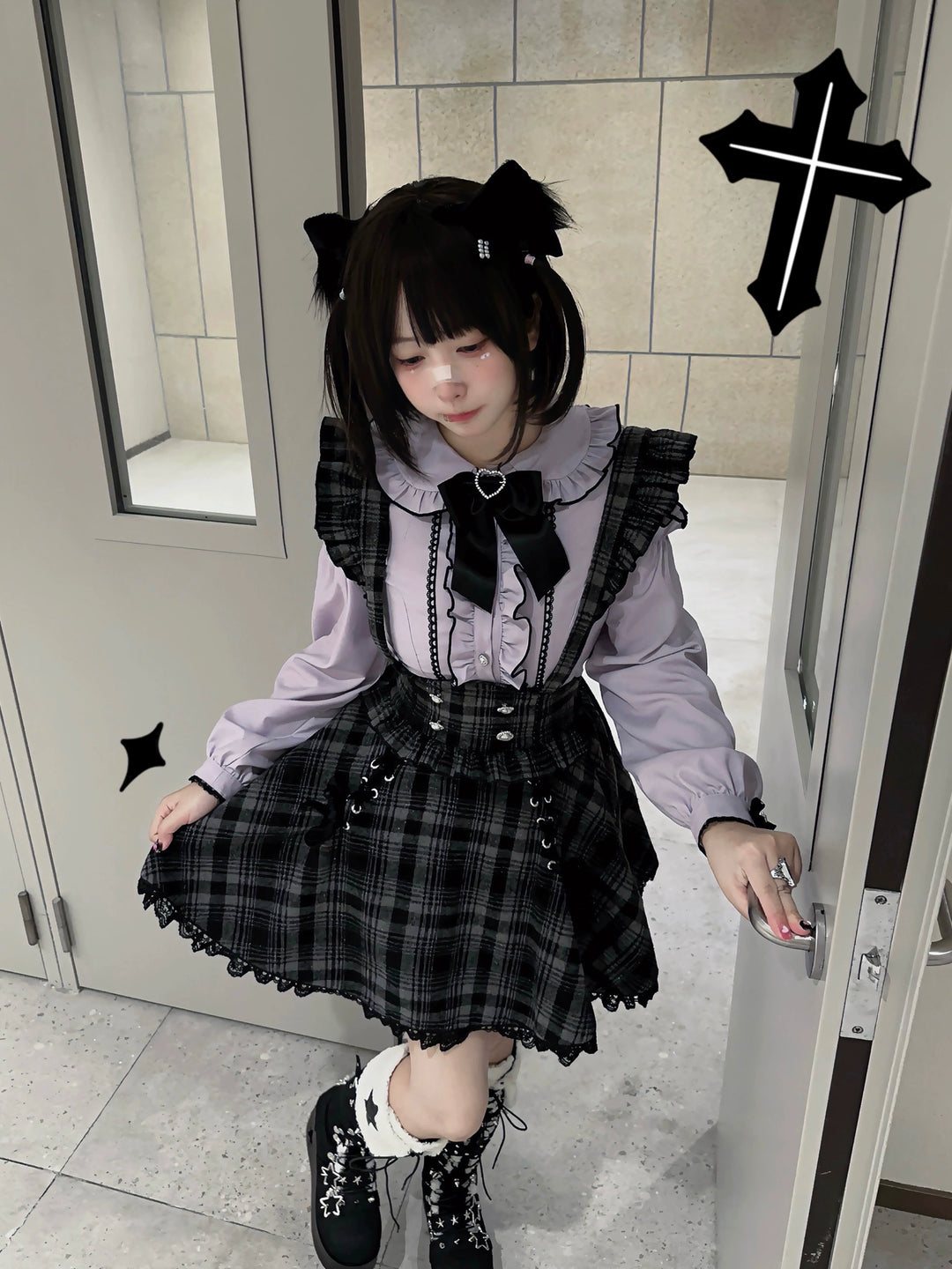 Jirai Kei Set Purple Open-Shoulder Blouse Plaid Suspender Skirt Set 33830:440734