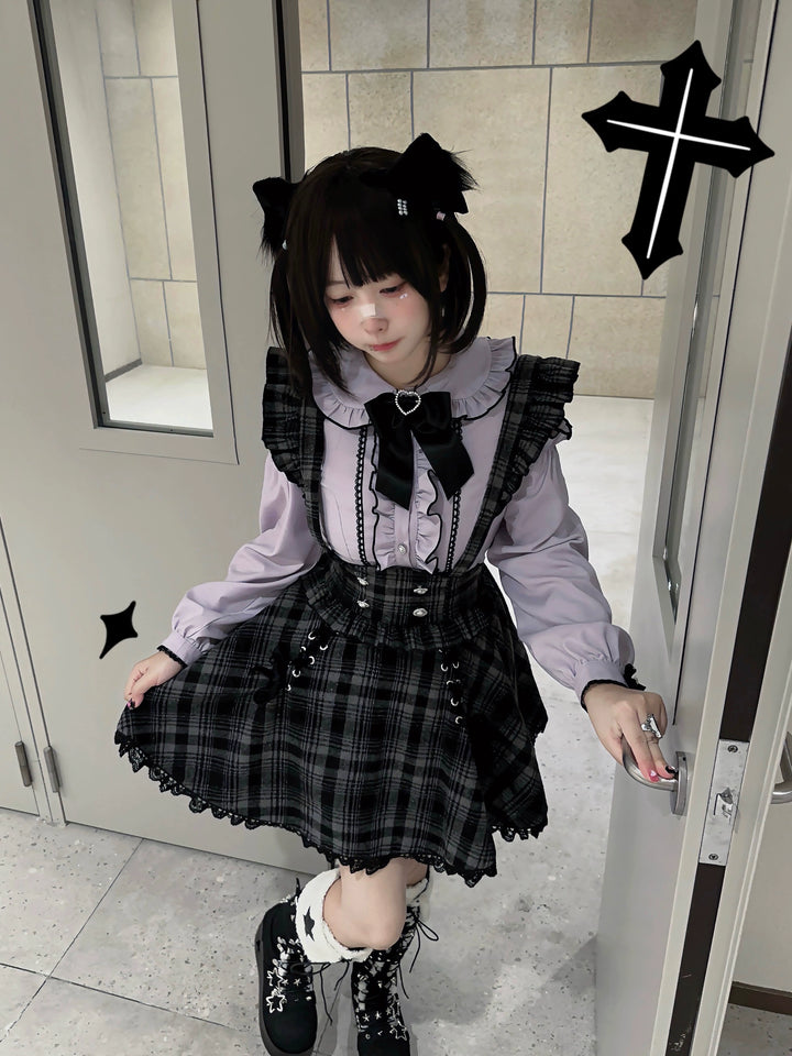 Jirai Kei Set Purple Open-Shoulder Blouse Plaid Suspender Skirt Set 33830:440734
