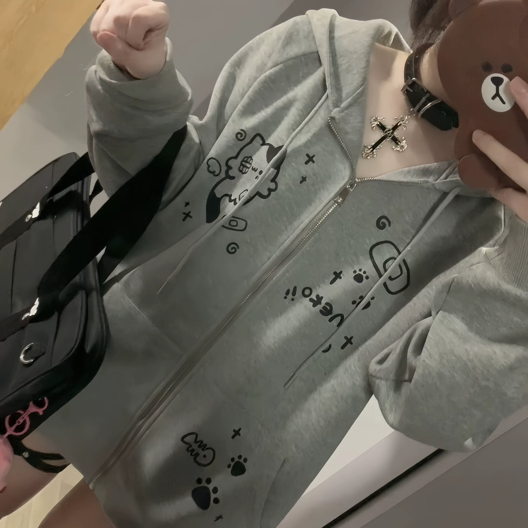 Kawaii Cat Ear Hooded Jacket, Bandage & Fishbone Print 43324:774183