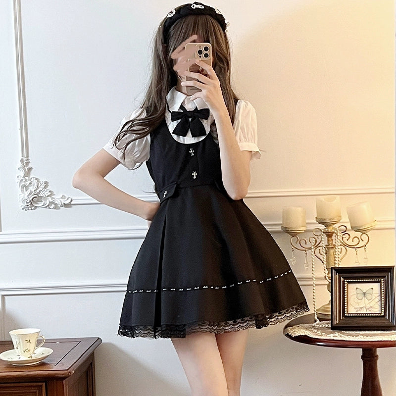 Jirai Kei Dress Black Lace Trim Overall Dress Puff Sleeves Blouse 38160:580924