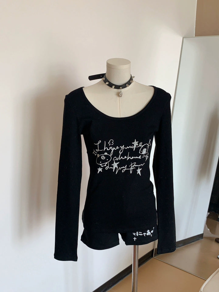 Long-Sleeved Gyaru Style Shirt with Otaku Graphic Print 42901:757237