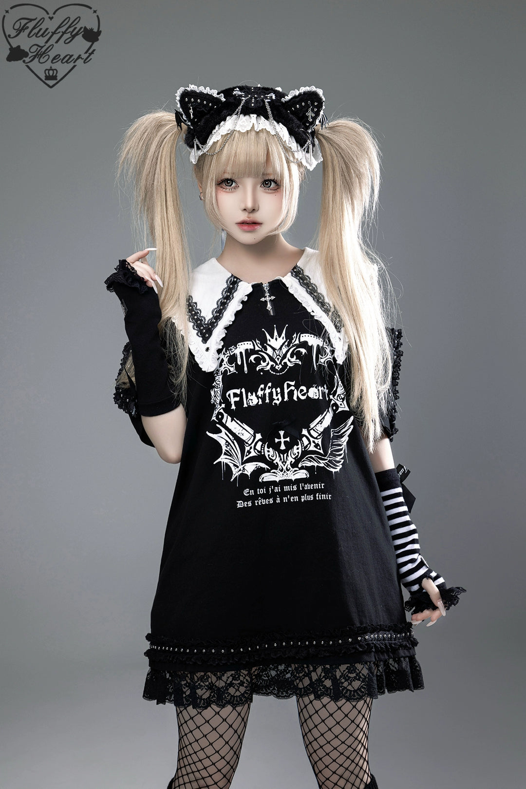 Cotton Sub Jirai Kei T-Shirt Dress, Pointed Collar, Open Shoulder (L M S) 43373:774809