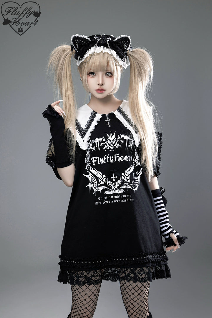 Cotton Sub Jirai Kei T-Shirt Dress, Pointed Collar, Open Shoulder (L M S) 43373:774809