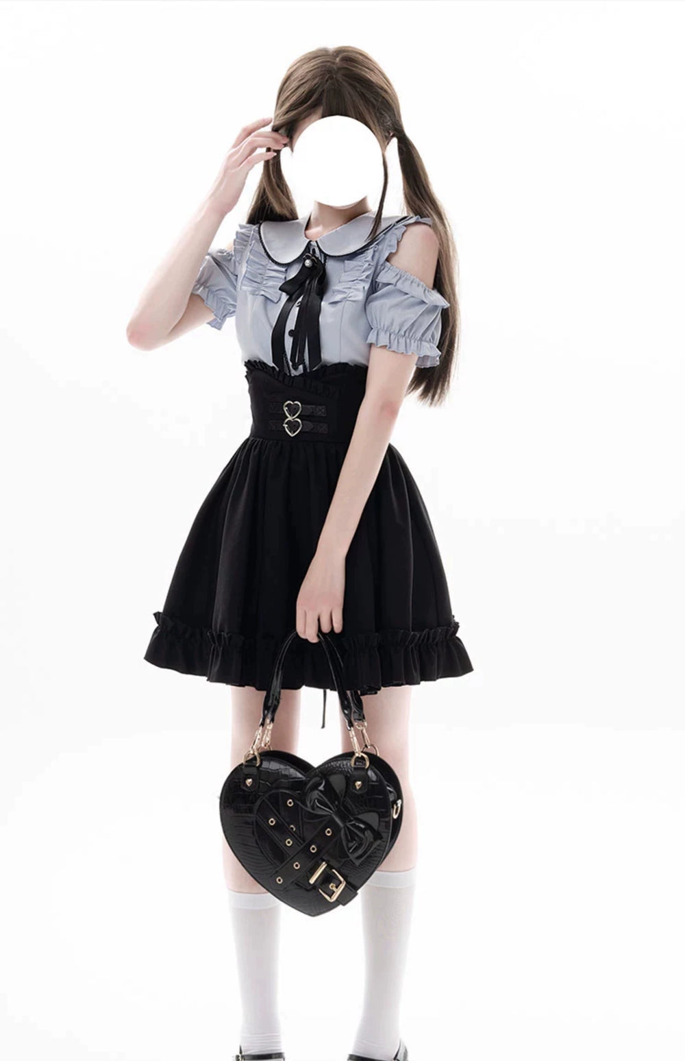 Jirai Kei Blue Open Shoulder Blouse, Flounce Hem Skirt 21966:351022
