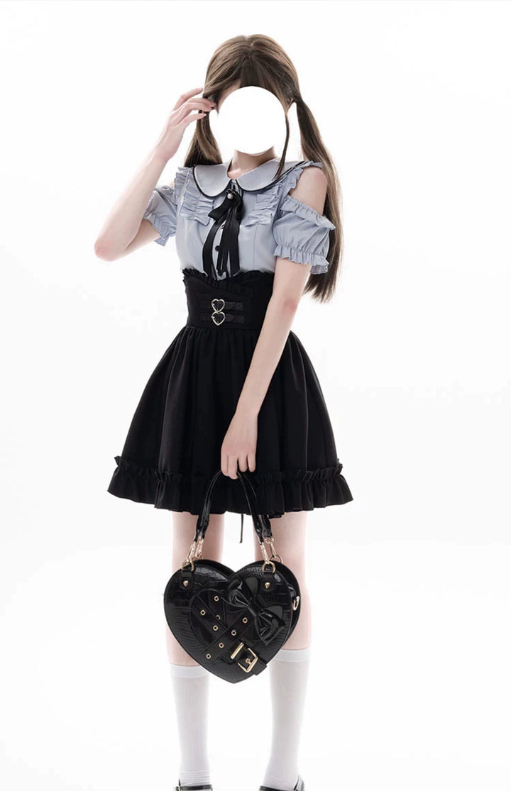 Jirai Kei Blue Open Shoulder Blouse, Flounce Hem Skirt 21966:351022