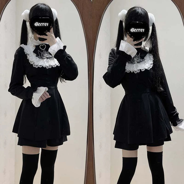 Plus Size Jirai Kei Long Sleeve Dress Set With Lace Wrist Bow Multicolor (2XL 3XL 4XL L M S XL XS) 41688:734059