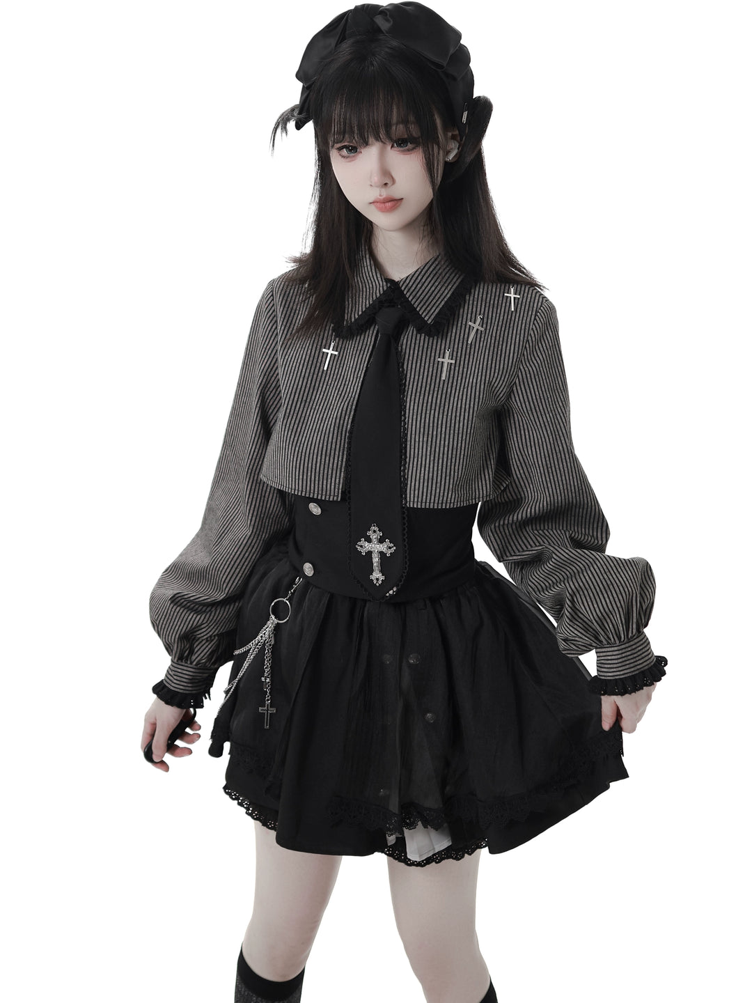 Gothic Striped Blouse, Black Skirt Set 44172:800224