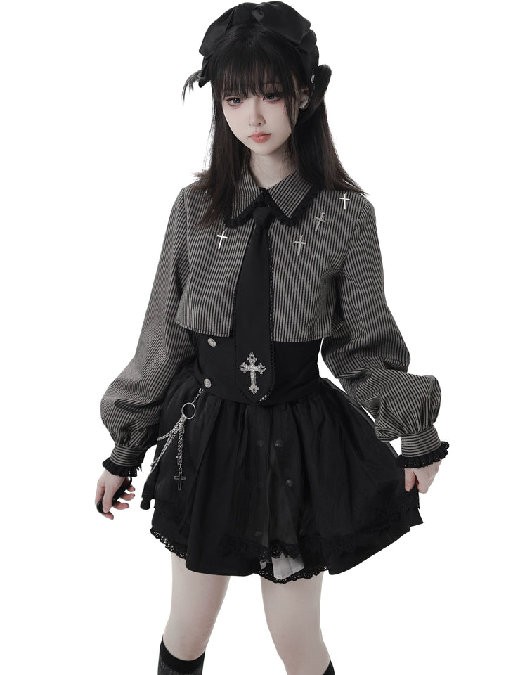 Gothic Striped Blouse, Black Skirt Set 44172:800224