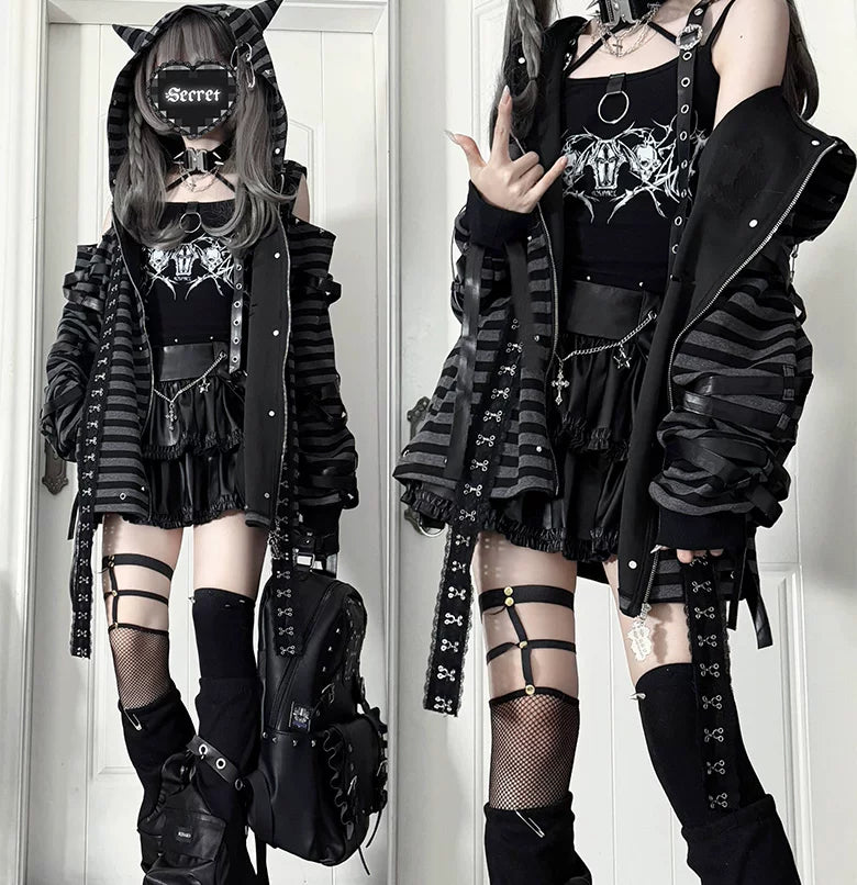 Gothic Open-Shoulder Hoodie Jacket with Devil Horns 46063:875387
