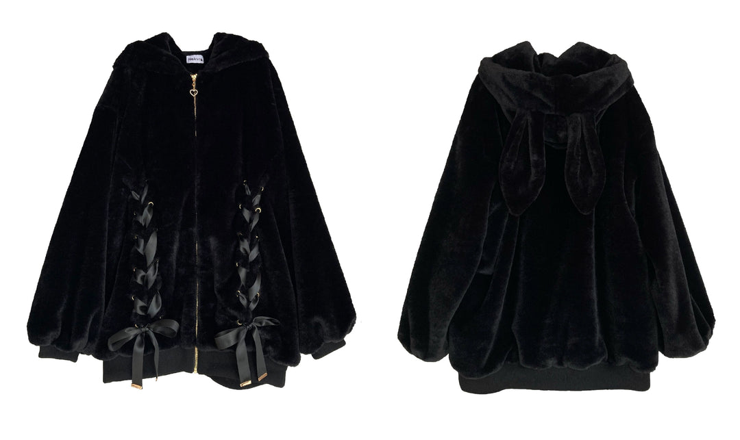 Jirai Kei Winter Coat Black Hooded Bunny Ears Fleece Coat 39524:626772