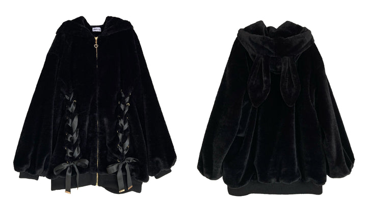 Jirai Kei Winter Coat Black Hooded Bunny Ears Fleece Coat 39524:626772