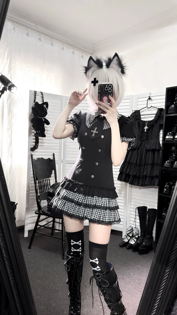 Low-Waist Jirai Kei Dress Set, Cross Embroidery 44780:826736