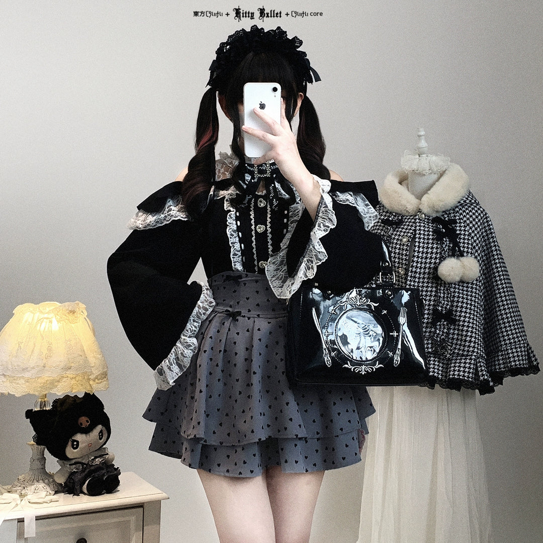 Lace Open-Shoulder Jirai Kei Blouse, Long Sleeves 44004:793113