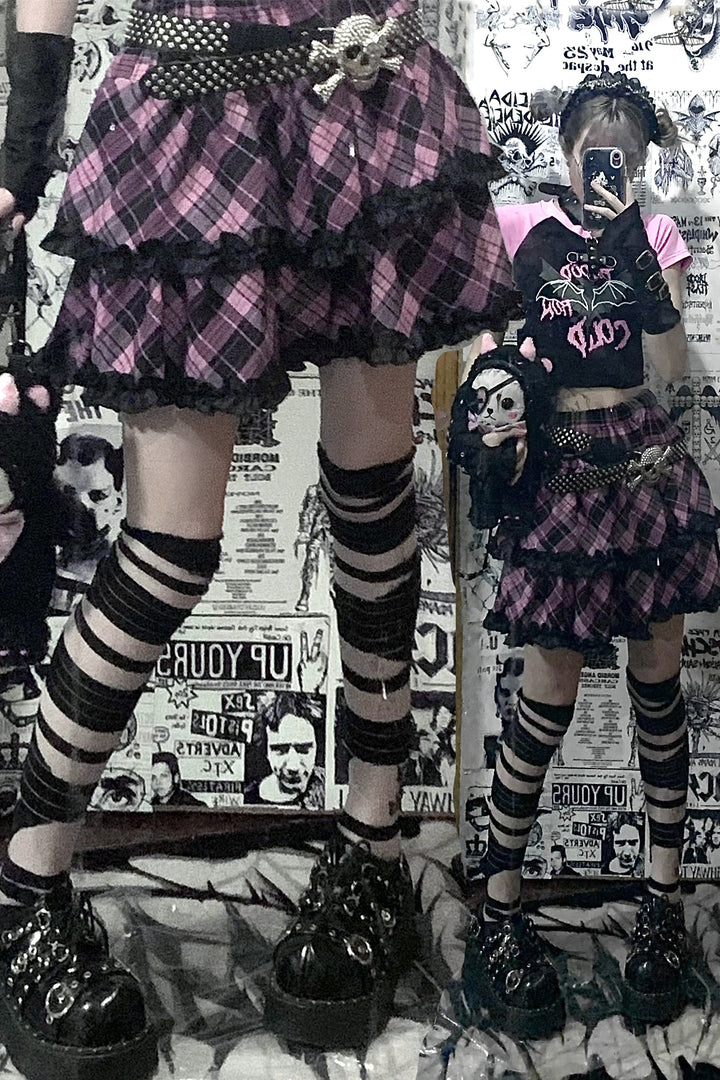Punk Plaid Skirt Pink Blue Skirt Bow Layered Ruffle Skirt 33818:445992 33818:445992