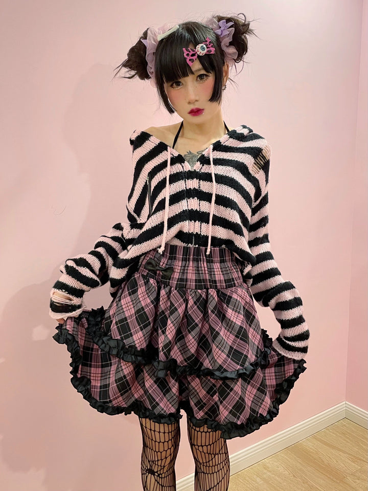 Punk Plaid Skirt Pink Blue Skirt Bow Layered Ruffle Skirt 33818:445976 33818:445976