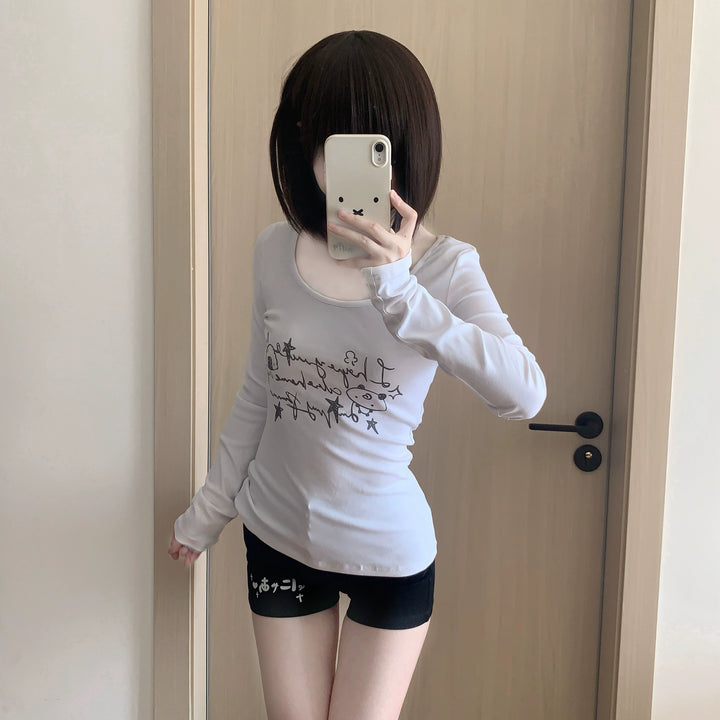 Long-Sleeved Gyaru Style Shirt with Otaku Graphic Print 42901:757230