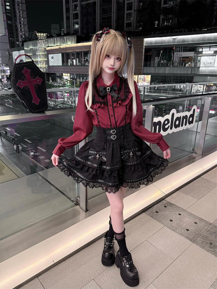 Long-sleeved Jirai Kei Blouse, Cake-Styled Skirt 44680:819295