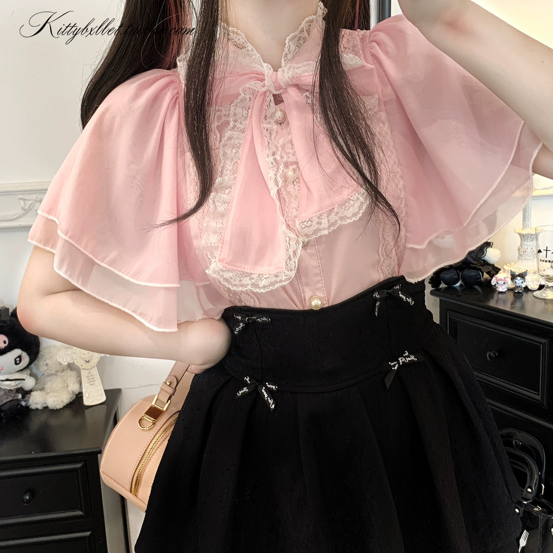 Caped Chiffon Jirai Kei Blouse With Hand-tied Bow 43106:765875