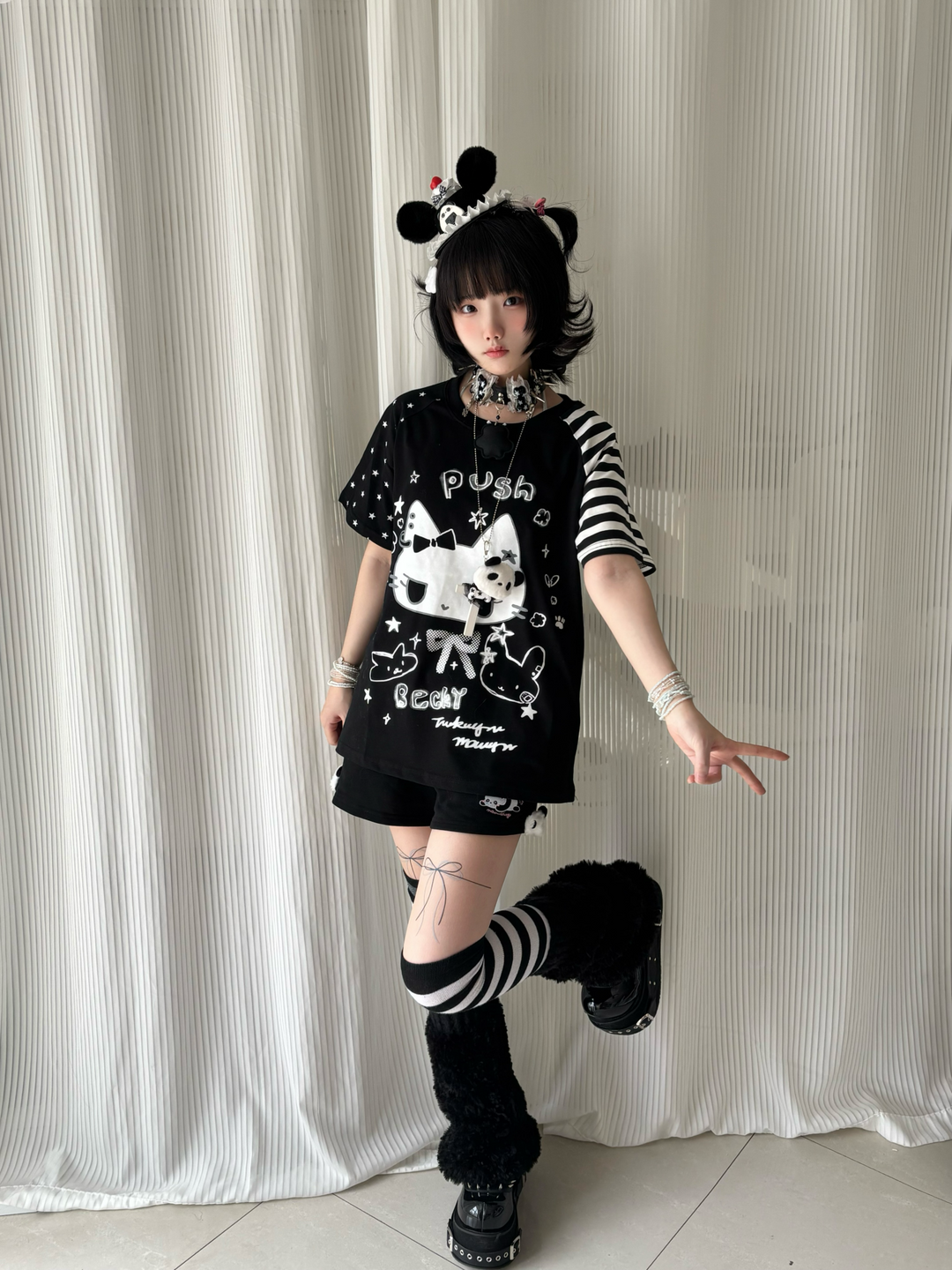 Kawaii Otaku Anime Cat Print Cotton Shirt Black & White 42851:755326