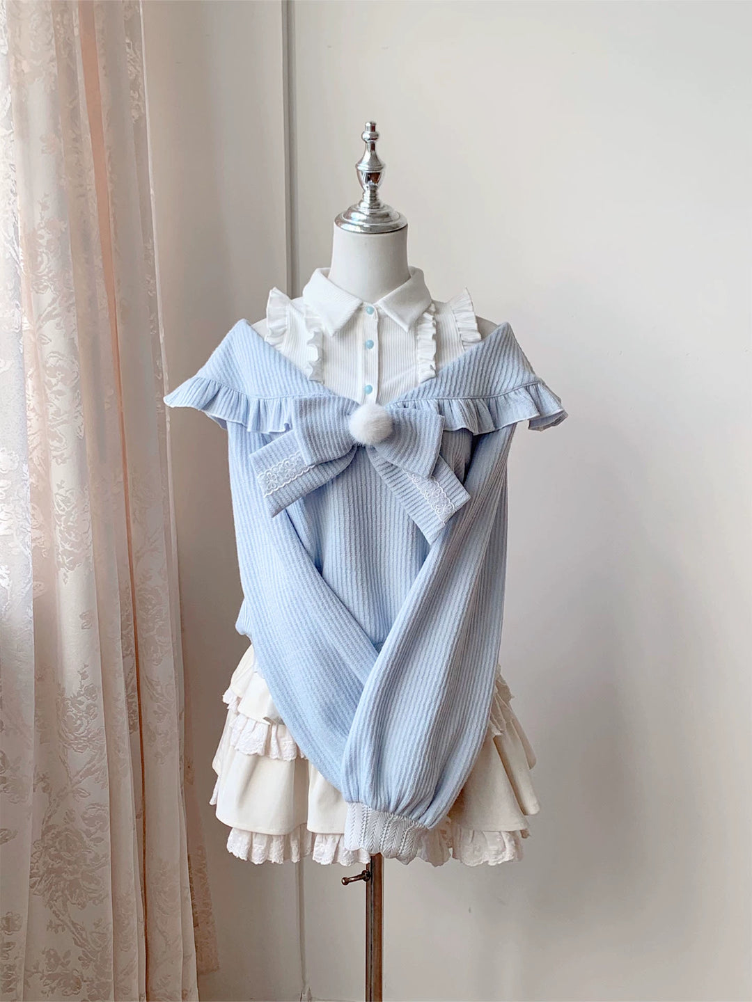 Open-Shoulder Tenshi Kaiwai Sweater, Tiered Ruffles Skirt 43775:786740