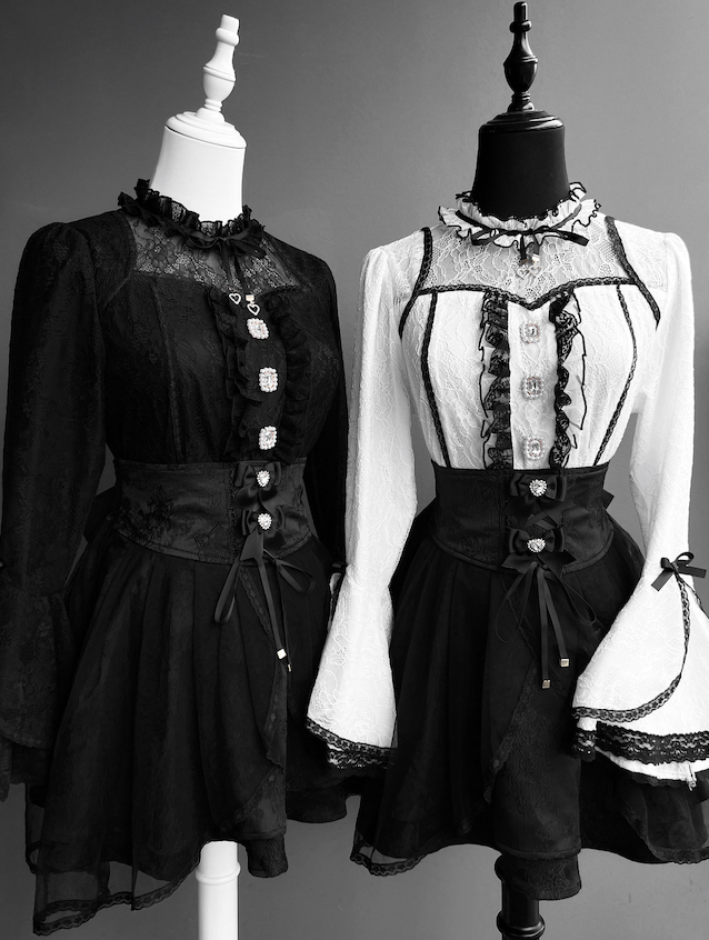 Jirai Kei Lace Blouse and Jacquard Skirt, Hime Sleeves 43943:792461