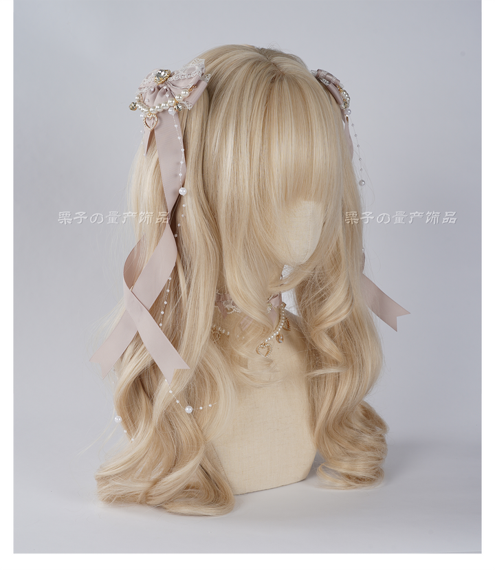 Jirai Kei Bow Hair Clip, Heart Rhinestone, Pearl Chain, Lace Trim 43501:778540