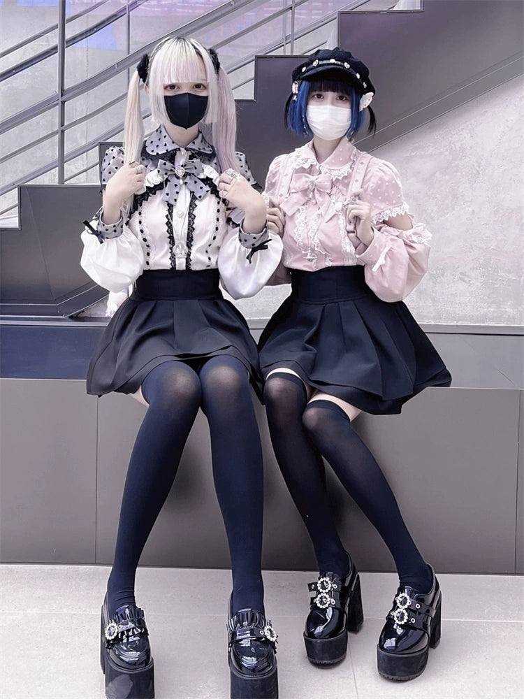 Jirai Kei Blouse, Lace Open Shoulder, Dolka Dots 34044:486446