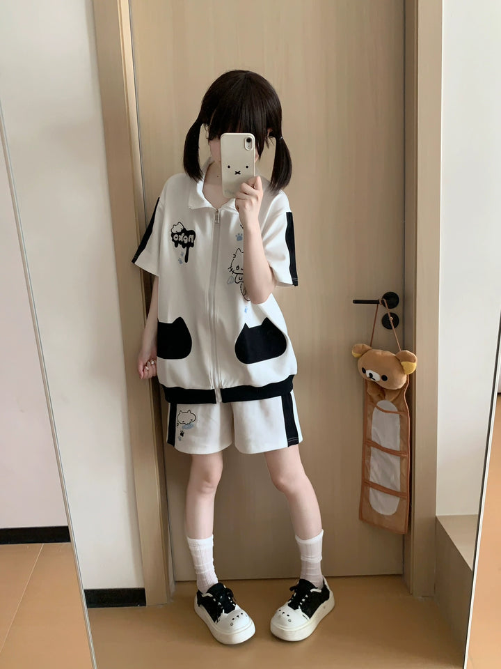 Cat Printed Kawaii Outfit, Zip Up Sweatshirt + Pocketed Shorts 43561:779956