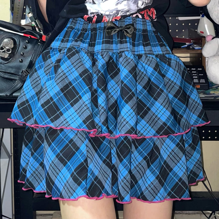 Punk Plaid Skirt Pink Blue Skirt Bow Layered Ruffle Skirt (L M) 33818:445980 (L M) 33818:445980