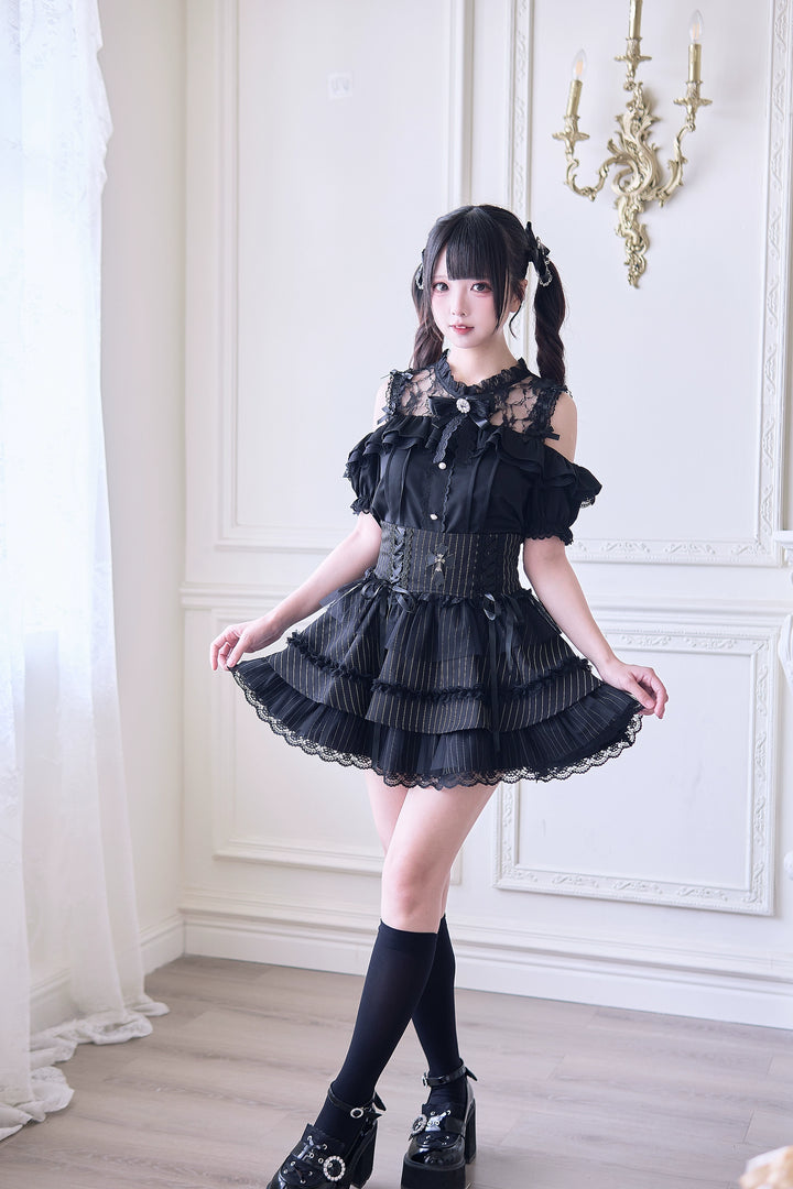 Jirai Kei Blouse with Hallow-out Upper & Rhinestone Bow Tie 42893:757705