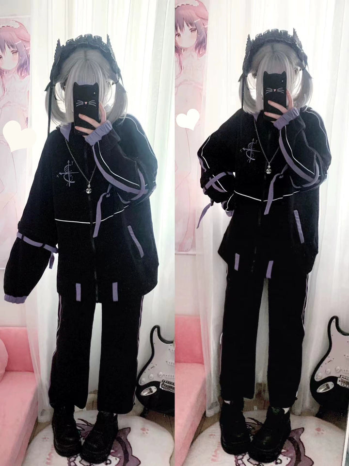 Plus Size Jirai Kei Jacket With Bunny Ears Functional Hoodie Pants Set 39126:615726