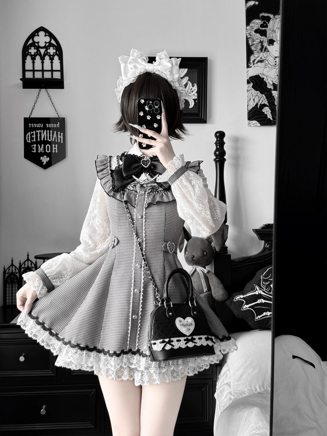 Ryousangata Long-Sleeved Dress Set, Houndstooth & Lace Tulle 46075:874925