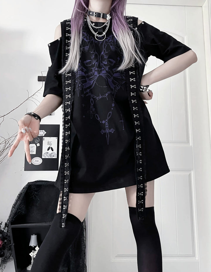 Open-Shoulder Subculture Cotton T-Shirt 43872:789423