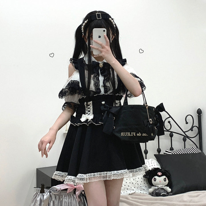 Jirai Kei Shirt Lace Double Layer Short Sleeve Open Shoulder Blouse 35374:529858