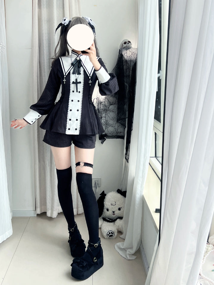 Striped Jirai Kei Set Up, Detachable Collar, Long/Short Sleeve Styles 43401:775820