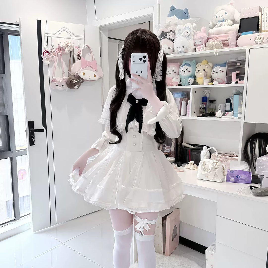 Jirai Kei Winter Cape, Lace Blouse, High-Waist Skirt (2XL 3XL 4XL L M S XL) 44199:808479